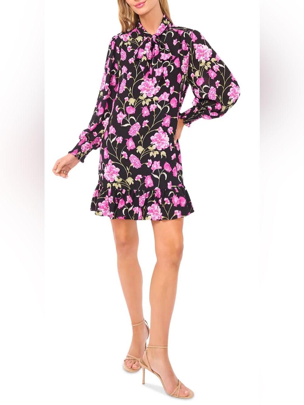 CeCe Black Tie-Neck Blouse with Pink Floral Print